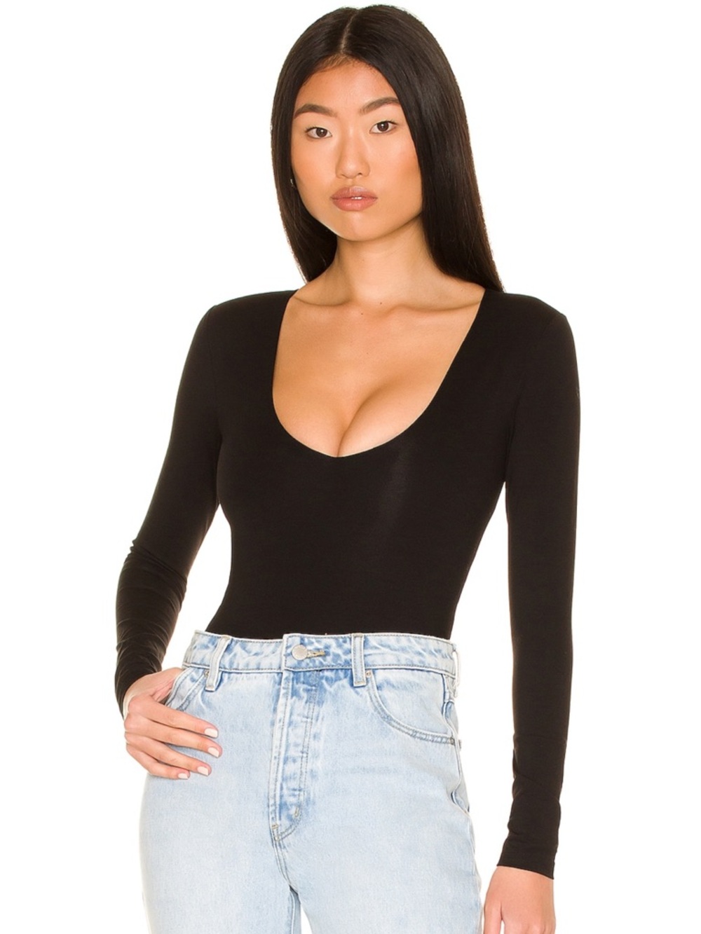 Women's Black Long Sleeve Scoop Neck Bodysuit